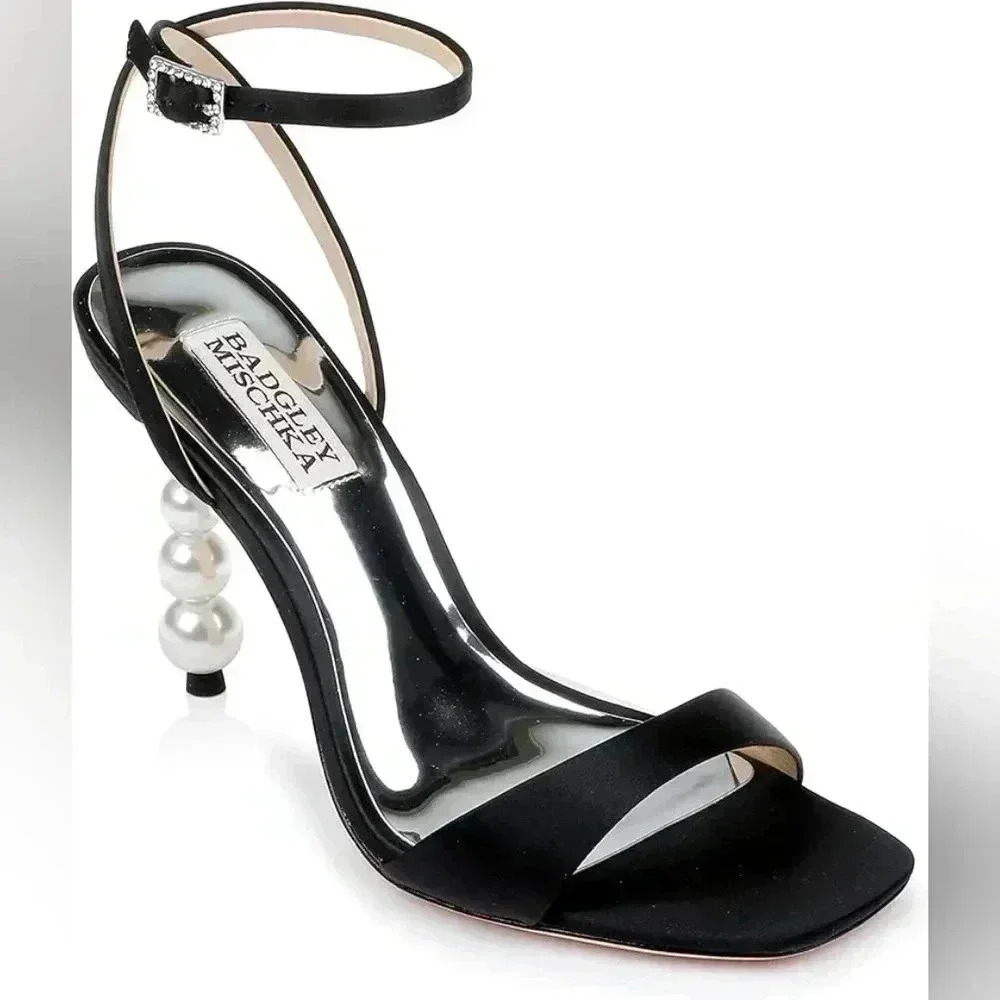 Badgley‎ Mischka Women's Ivette Heeled Sandal Black Evening Pearl Heel 9.5 NEW